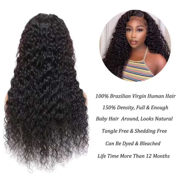 13X4 Transparent Lace Front Wigs Human Hair 150% Density Brazilian Water Wave HD Lace Front Glueless Wigs Virgin Huamn Hair for Black Women Natural Color Pre Plucked with Baby Hair 24Inch - Image 4