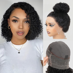 Hidden Strap 360 Lace Front Human Hair Short Curly Bob Wig with Drawstring - Upgraded Full Frontal Deep Wave for Black Women (10 Inch, Natural Color)