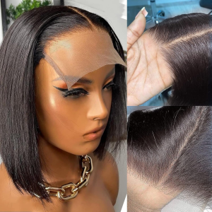Short Straight Bob Wig Human Hair 4X4 Transparent Lace Front Closure Wig for Black Women Middle Part Pre Plucked Hairline 150% Density Natural Black Color (13X4X1-Water-10 Inch)