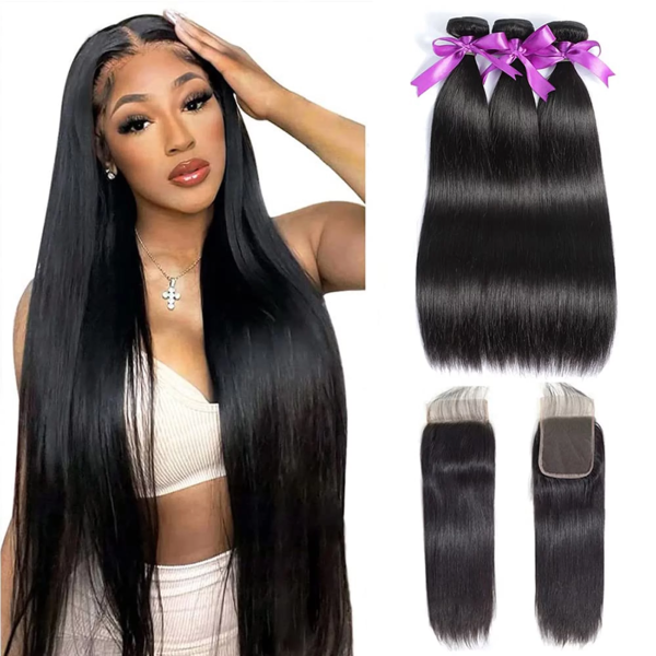 Bundles with Closure Brazilian Straight 3 Bundles with Closure Virgin 100% Unprocessed Human Hair Extensions 4X4 Free Part Lace Closure Natural Color (16 18 20+14) - Image 9