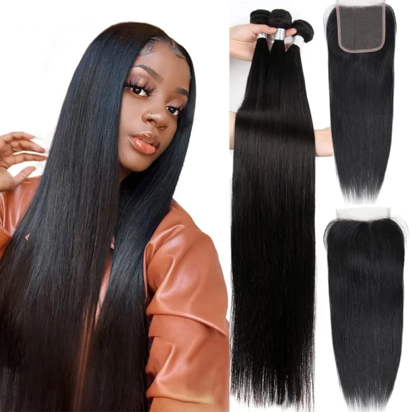 Bundles with Closure Brazilian Straight 3 Bundles with Closure Virgin 100% Unprocessed Human Hair Extensions 4X4 Free Part Lace Closure Natural Color (16 18 20+14) - Image 11