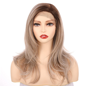 18 Inch Premium High-Temperature Synthetic Hair 130% Density Straight Lace Front Side Part Long Wigs (Light Ash Blonde Evenly Blended with Cool Platinum Blonde and Dark Roots-Rl19/23Ss)