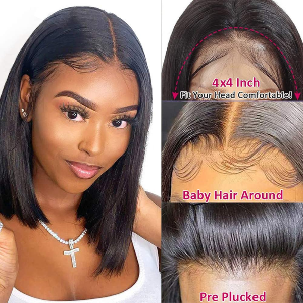 Short Straight Bob Wig Human Hair 4X4 Transparent Lace Front Closure Wig for Black Women Middle Part Pre Plucked Hairline 150% Density Natural Black Color (13X4X1-Water-10 Inch) - Image 2