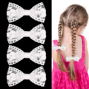 4 Pcs White Bows for Girls,Small Cute Lace Flower Girl Hair Accessory,Toddler Lace Bows for Hair Clips Flower Girls Wedding Birthday Party Dress Decor
