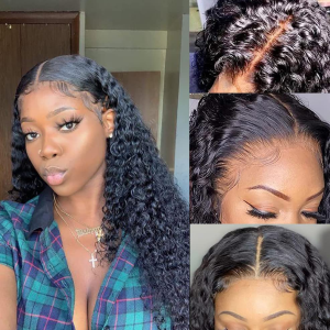 13X4 Deep Wave Lace Front Wigs Human Hair Wigs for Black Women Lace Front Glueless Wigs Human Hair Pre Plucked with Baby Hair Deep Curly Lace Frontal Wigs Human Hair 180% Density 22 Inch