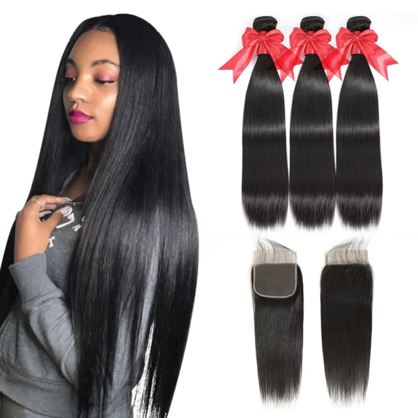 Bundles with Closure Brazilian Straight 3 Bundles with Closure Virgin 100% Unprocessed Human Hair Extensions 4X4 Free Part Lace Closure Natural Color (16 18 20+14) - Image 10