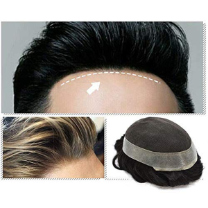 Super Thin French Lace Mens Toupee Remy Human Hair System Clear Poly Skin around Wigs Toupee for Men Transparent Lace Skin Hairpiece Replacement (9"X6", 1B off Balck)
