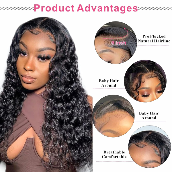 13X6 Deep Wave Lace Front Wigs Human Hair Deep Wave Hd Lace Frontal Wigs for Black Women Glueless Curly Lace Front Wig Pre Plucked with Baby Hair 180% Density Natural Color 26Inch - Image 3