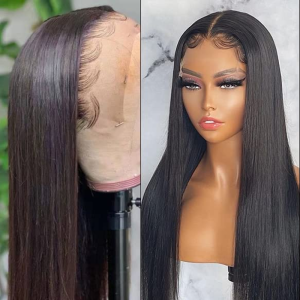 13X6 HD Transparent Lace Front Wigs Human Hair Wigs for Black Women, Glueless Human Hair Lace Front Wigs Pre Plucked Bleached Knots Straight 150% Density Brazilian Hair, Long Black Wigs 16Inch