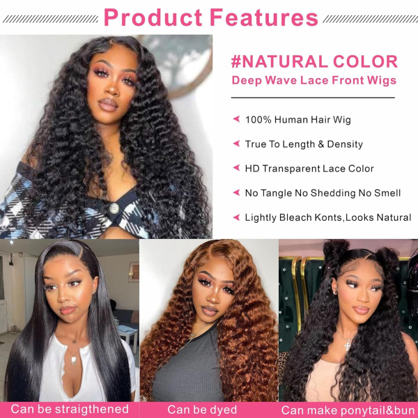 13X6 Deep Wave Lace Front Wigs Human Hair Deep Wave Hd Lace Frontal Wigs for Black Women Glueless Curly Lace Front Wig Pre Plucked with Baby Hair 180% Density Natural Color 26Inch - Image 4