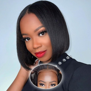 Straight Wear and Go Blunt Cut Bob Wig Human Hair Glueless Wigs Human Hair Pre Plucked Pre Cut Short Swiss HD Lace Closure Wigs for Black Women 4X4 Bob Cut Natural Black 10 Inch