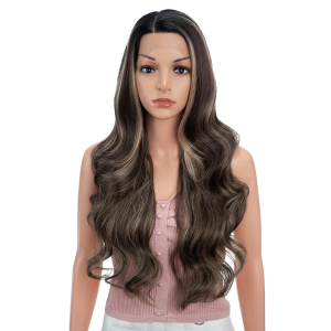 26" Big Curly Wavy Supreme Free Parting HD Lace Frontal Wigs with Baby Hair High Temperature Synthetic Wigs for Women(Dark Brown Mixed Blonde Highlights Color)