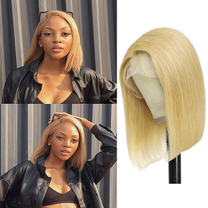 REMY HAIR Straight Short Bob Wigs Lace Front 13X4X1 Human Hair Wig for Black Women #27 Honey Blonde Brazilian Human Hair Middle Part Lace Front Wigs (12 Inch)