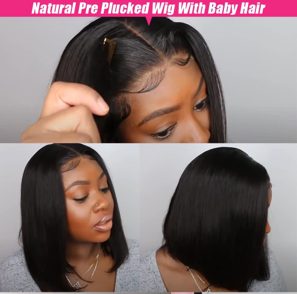 Short Straight Bob Wig Human Hair 4X4 Transparent Lace Front Closure Wig for Black Women Middle Part Pre Plucked Hairline 150% Density Natural Black Color (13X4X1-Water-10 Inch) - Image 3