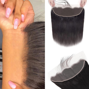 Mango Girl 13X4 Ear to Ear Lace Frontal Closure Straight Human Hair 100% Remy Brazilian Virgin Hair 150 Density HD Transparent Lace Frontal Closure Human Hair Natural Black Pre-Pulled Baby Hair (18