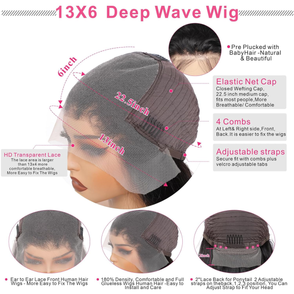 13X6 Deep Wave Lace Front Wigs Human Hair Deep Wave Hd Lace Frontal Wigs for Black Women Glueless Curly Lace Front Wig Pre Plucked with Baby Hair 180% Density Natural Color 26Inch - Image 2