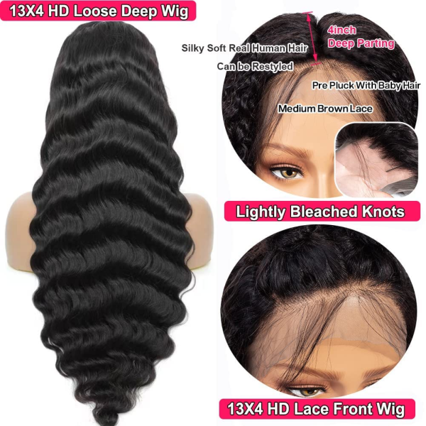 13X4 Loose Deep Wave Curly Lace Front Wigs Human Hair Pre Plucked with Baby Hair 180% Density Curly Lace Front Wig 10A Wigs for Black Women Glueless Wig 24Inch, Natural Color - Image 2