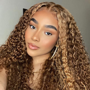 Highlight Colored 4X4 Lace Closure Human Hair Wigs 24 Inch 4/27 Ombre Brown Honey Blonde Brazilian 180% Density Transparent Glueless Deep Wave Lace Front Wigs Human Hair Pre Plucked for Black Women