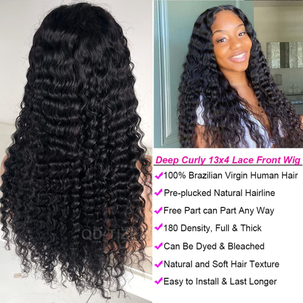 Deep Curly Human Hair Lace Front Wigs 13X4 Lace Frontal Wigs for Black Women 180% Density Wet and Wavy HD Lace Front Wigs Human Hair Pre Plucked Natural Hairline - Image 4