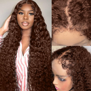 Lace Front Wig - Chocolate Brown 13X6 Deep Wave Human Hair Full Lace Frontal Wig with Curly Edges and Baby Hair - 180% Density - Brown Colored - 20 Inch