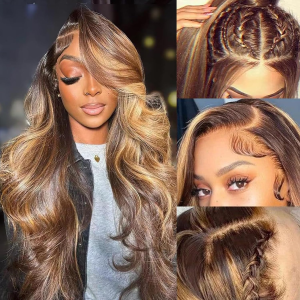 FATEKISS Honey Blonde Lace Front Wig Human Hair 13X4 HD Lace Front Wig Highlight Ombre 4/27 Lace Frontal Wigs 180% Density Colored Human Hair Wigs Pre Plucked Human Hair Wigs for Black Women 26 Inch