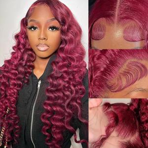 Loose Wave Lace Front Wig Human Hair Burgundy 13X4 Loose Deep Wave HD Transparent Lace Frontal Wig Pre-Plucked 180% Density 99J Burgundy Glueless Hair for Women 24 Inch