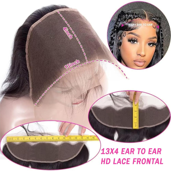 13X4 Lace Frontal Closure Body Wave Ear to Ear HD Lace Frontal 14 Inch Brazilian Human Hair Closure Free Part 150% Density Body Wave Hair Extensions Pre Plucked Natural Black - Image 5